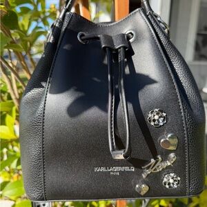 Karl Lagerfeld Black Embellished Adele Bucket Bag